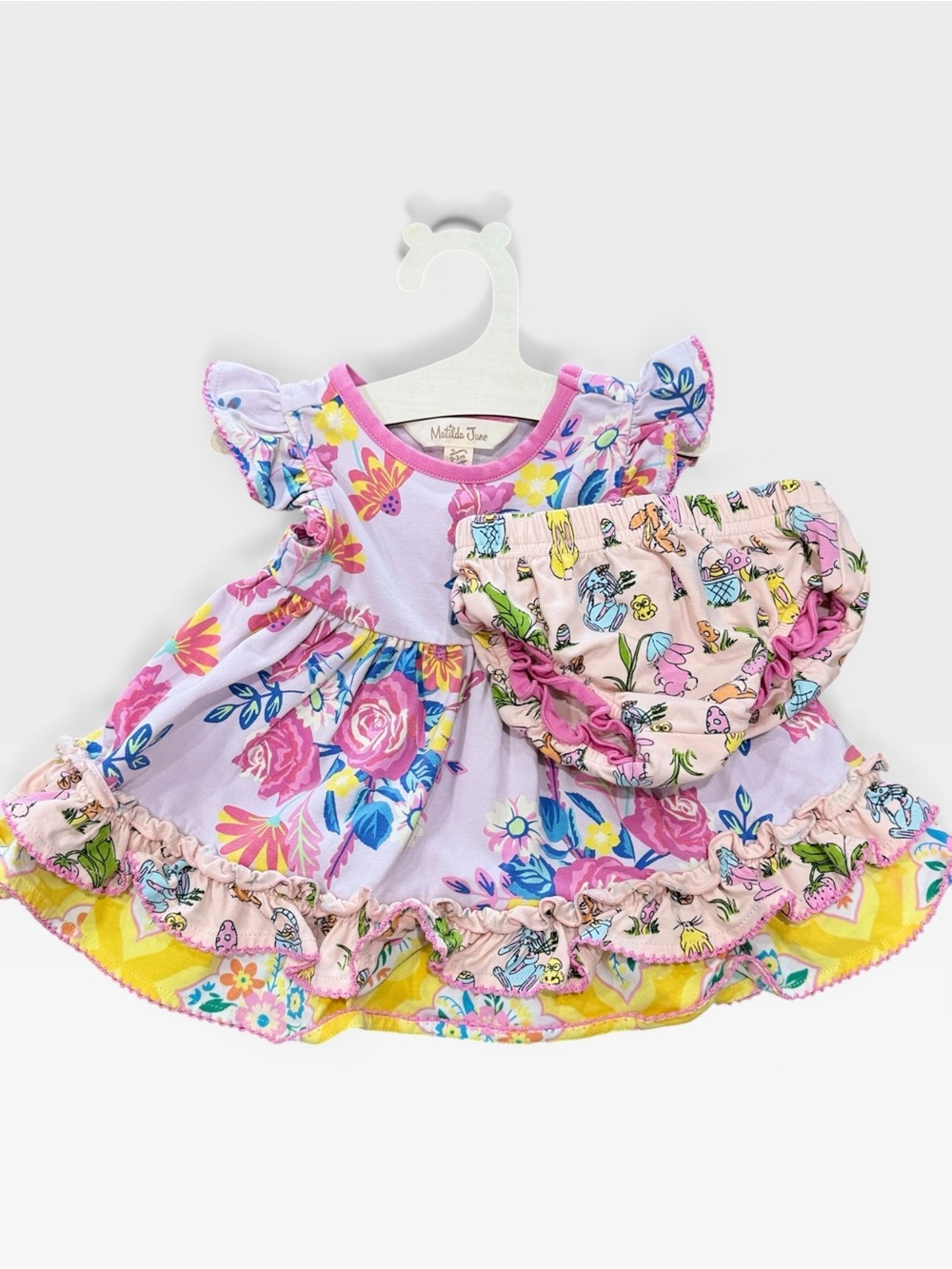 +NWOT Matilda Jane Baby Girl Floral Easter Bunny Ruffle Dress Bloomer Set 0-3M